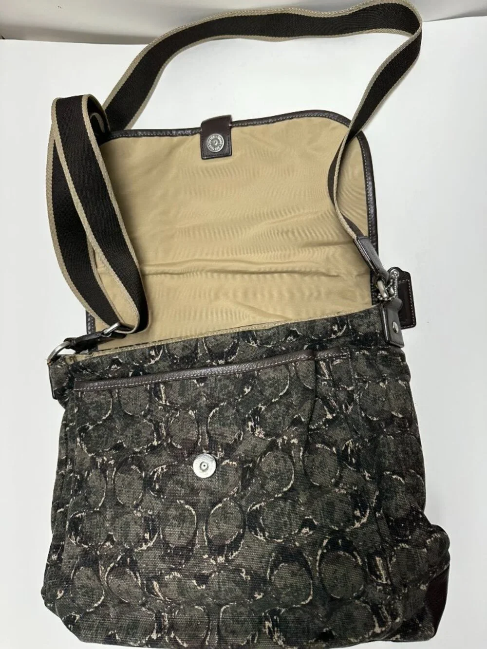 COACH Heritage Web Green Brown Canvas Logo Leather Messenger Bag #F70627